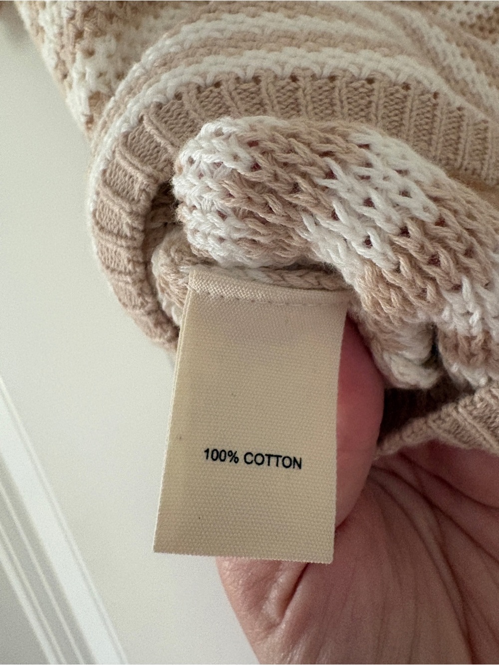 Marled Beige & White Striped V‑Neck Short‑Sleeve Sweater - Picture 8 of 8